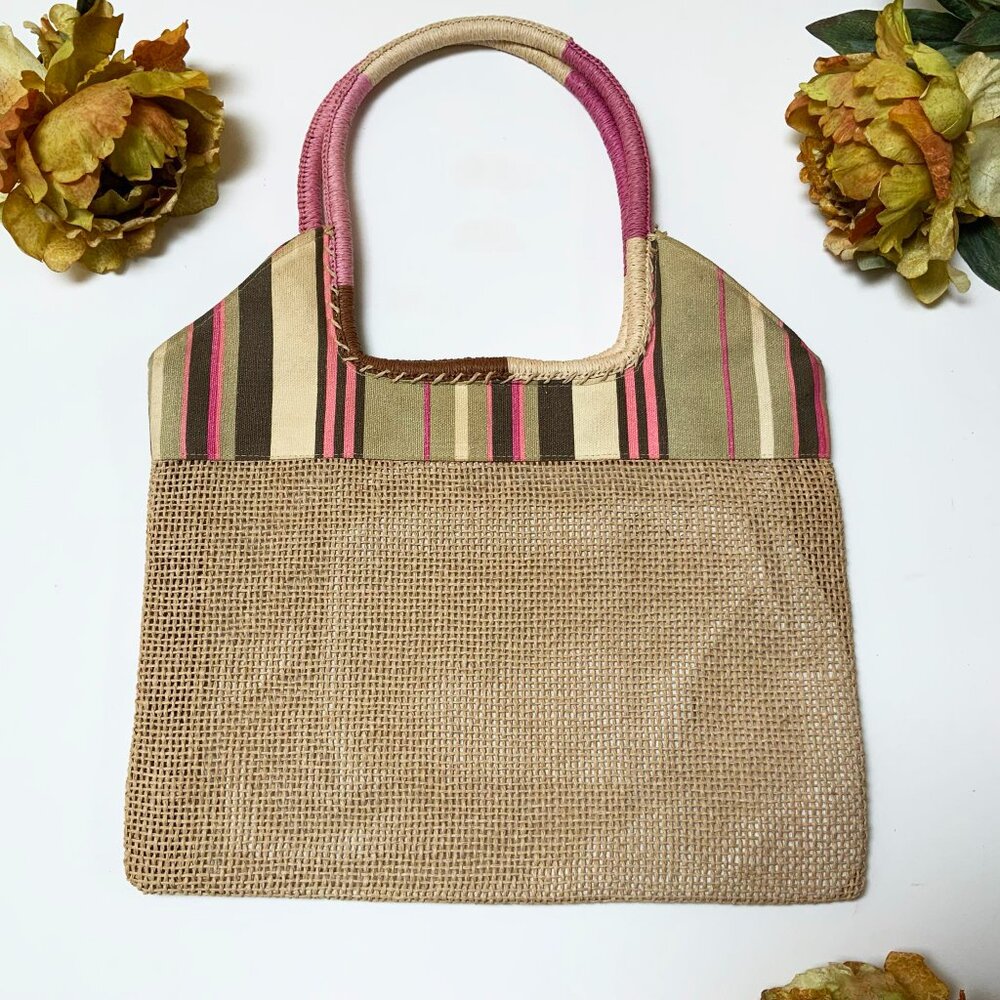 SKONDRAS Natural Woven Straw and Colorful Striped Fabric Tote Bag
